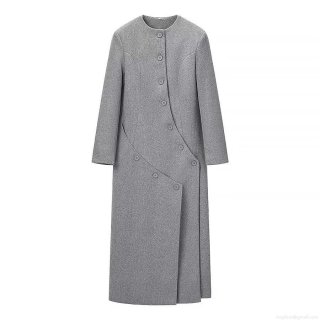 Women's Elegant Long Woolen Coat Asymmetrical Multi Button Round Neck Loose Casual Jacket Grey Outerwear For Autumn Winter