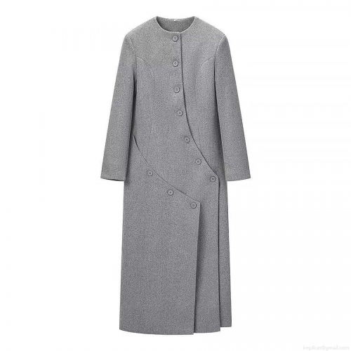 Women's Elegant Long Woolen Coat Asymmetrical Multi Button Round Neck Loose Casual Jacket Grey Outerwear For Autumn Winter