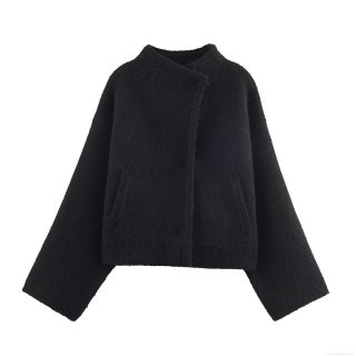 Women's Short Wool Blend Cape Jacket Elegant Stand Collar Zipper Solid Black Coat Loose Fit Thick Warm Outerwear for Autumn Winter Dating Party Women Fashion