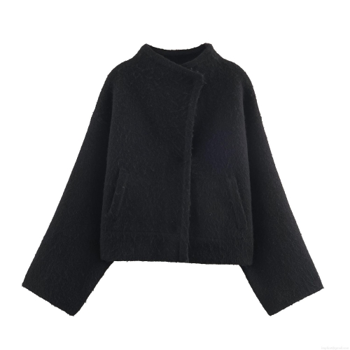 Women's Short Wool Blend Cape Jacket Elegant Stand Collar Zipper Solid Black Coat Loose Fit Thick Warm Outerwear for Autumn Winter Dating Party Women Fashion