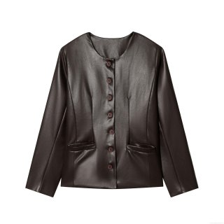 Women's French Vintage Faux Leather Round Neck Single Breasted Jacket Solid Chestnut Long Sleeve Casual Outwear with Pockets Autumn Winter Chic Fashion Coat