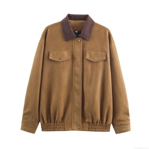 Women's Vintage Suede Jacket With Corduroy Collar Retro French Fashion Loose Pocket Detail Zip Up Casual Streetwear Outerwear For Women