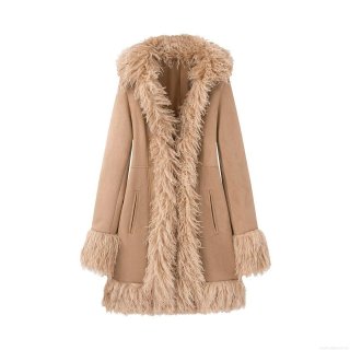 Women Fashion Faux Fur Patchwork Suede Coat Elegant Lapel Mid-length Winter Warm Suede Plush Trim Outerwear Casual Jacket For Ladies