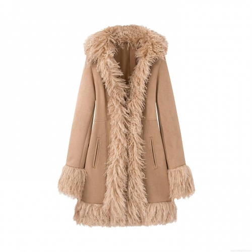 Women Fashion Faux Fur Patchwork Suede Coat Elegant Lapel Mid-length Winter Warm Suede Plush Trim Outerwear Casual Jacket For Ladies