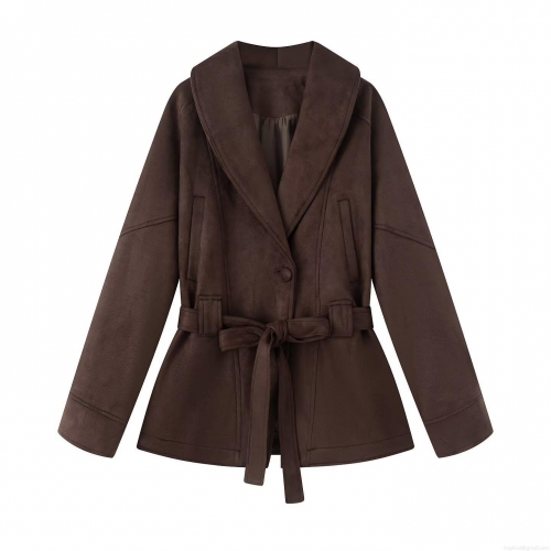 Women Suede Lace-up Waist Blazer Jacket Fashion Slim Fit Solid Color Long Sleeve Lapel Trench Coat For Commute Casual Fall Winter Outerwear