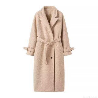 Women Elegant Belted Lapel Sherpa Loop Wool Long Overcoat Autumn Winter Warm Solid Color Teddy Coat Outwear With Pockets