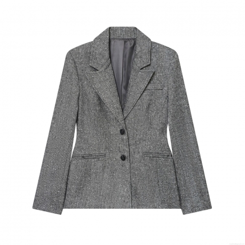 Women's Herringbone Blazer Grey Polyester Blend Skirt Hem Fitted Suit Single Breasted Lapel Long Sleeve Outerwear For Women Office Lady Winter Autumn Outwear