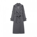 Women's Elegant Double Breasted Wool Blend Coat Fashion Long Sleeve Midi Trench Coat With Belt Square Collar Casual Winter Overcoat For Ladies