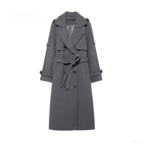 Women's Elegant Double Breasted Wool Blend Coat Fashion Long Sleeve Midi Trench Coat With Belt Square Collar Casual Winter Overcoat For Ladies