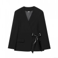 Women's Elegant Collarless V-Neck Blazer Jacket With Faux Leather Bow Tie-up Long Sleeve Solid Black Commuter Outerwear