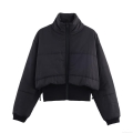Women's Minimalist Black Short Padded Jacket Loose Stand Collar Full Zipper Quilted Coat Lightweight Warm Autumn Winter Casual Outerwear For Women