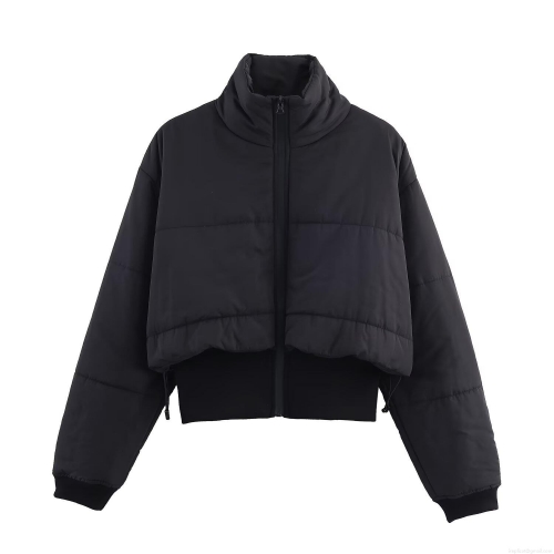 Women's Minimalist Black Short Padded Jacket Loose Stand Collar Full Zipper Quilted Coat Lightweight Warm Autumn Winter Casual Outerwear For Women