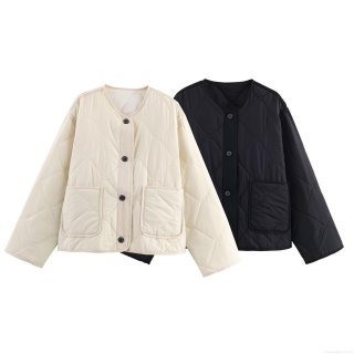 Women's Casual Quilted Lightweight Cotton Jacket Casual Round Neck Single Breasted Padded Coat With Pockets Solid Color Outerwear For Autumn Winter Ladies