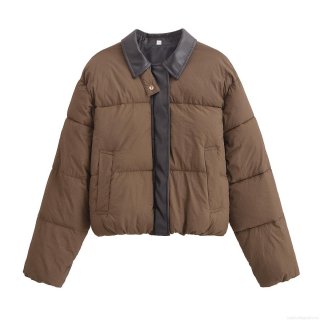 Women's Casual Warm Puffer Coat With PU Leather Lapel Collar Solid Color Long Sleeve Quilted Jacket For Winter Autumn Daily Wear