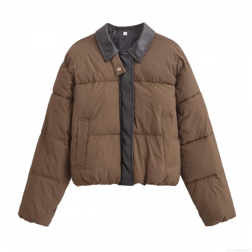 Women's Casual Warm Puffer Coat With PU Leather Lapel Collar Solid Color Long Sleeve Quilted Jacket For Winter Autumn Daily Wear
