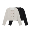 Women's Fashion Short Double Breasted Blazer Jacket Round Neck Long Sleeve Solid Color Coat With Gold Textured Buttons Elegant Commuter Office Outerwear