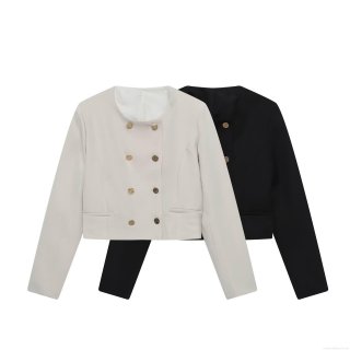Women's Fashion Short Double Breasted Blazer Jacket Round Neck Long Sleeve Solid Color Coat With Gold Textured Buttons Elegant Commuter Office Outerwear