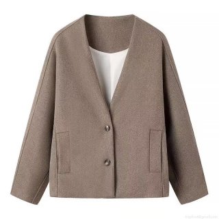 Women's Elegant Minimalist V-Neck Woolen Blazer Jacket Solid Color Double Button Casual Commute Short Coat Autumn Winter Outwear