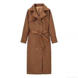 Women's Long Suede Trench Coat Double-Breasted Retro Lapel Overcoat With Belt Elegant Autumn Winter Outwear Casual Commuting Jacket For Women