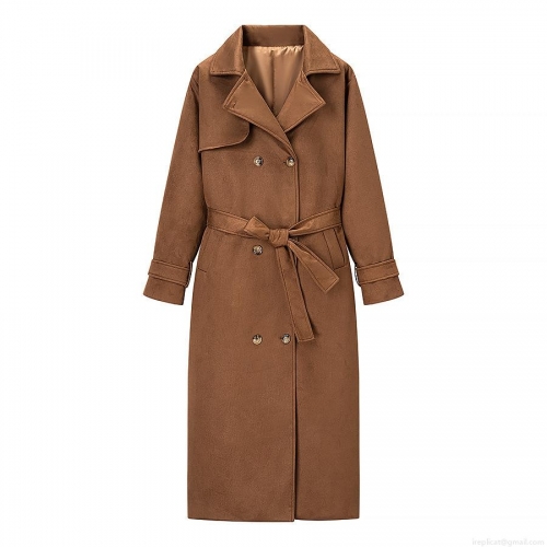 Women's Long Suede Trench Coat Double-Breasted Retro Lapel Overcoat With Belt Elegant Autumn Winter Outwear Casual Commuting Jacket For Women