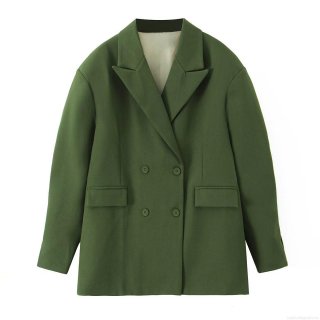Women Elegant Double-Breasted Blazer Jacket Long Sleeve Woven Polyester Lapel Suit Jacket Loose Fit Office Commuter Outerwear Solid Color Dark Green
