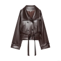 Women's Short Faux Leather Trench Coat With Belt Double-Breasted Lapel Long Sleeve PU Leather Jacket Urban Casual Solid Color Outerwear For Fall Winter