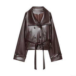 Women's Short Faux Leather Trench Coat With Belt Double-Breasted Lapel Long Sleeve PU Leather Jacket Urban Casual Solid Color Outerwear For Fall Winter