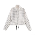 Women French Retro Polka Dot Print Jacket 100% Polyester Stand Collar Drawstring Hem Long Sleeve Zipper Up Cropped Outerwear For Ladies