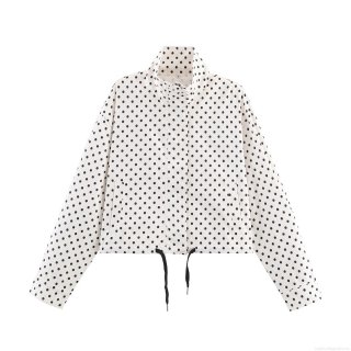 Women French Retro Polka Dot Print Jacket 100% Polyester Stand Collar Drawstring Hem Long Sleeve Zipper Up Cropped Outerwear For Ladies