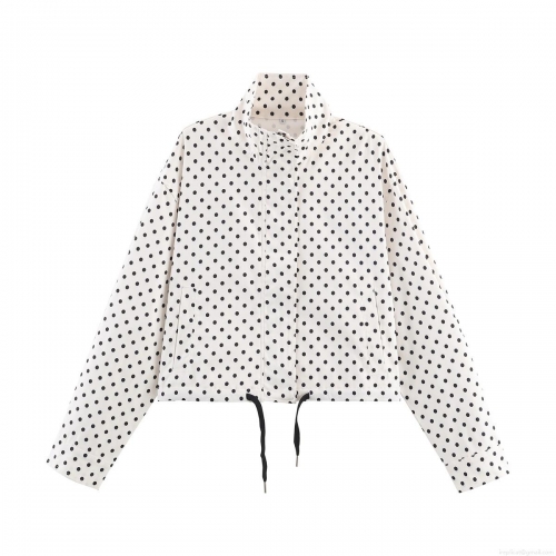 Women French Retro Polka Dot Print Jacket 100% Polyester Stand Collar Drawstring Hem Long Sleeve Zipper Up Cropped Outerwear For Ladies