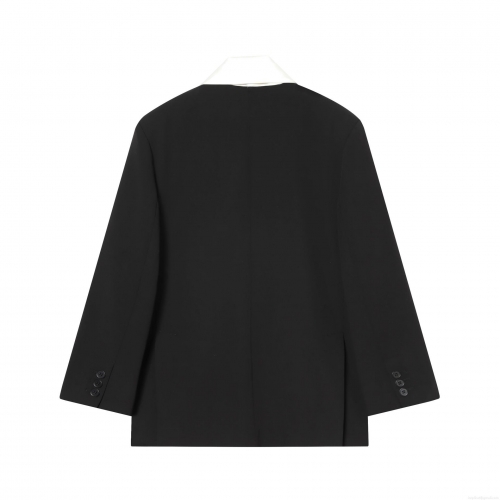 Women's Contrast Color Block Blazer Jacket With White Scarf Collar Design Polyester Long Sleeve Single Breasted Suit Coat For Office Commute Elegant Lady Fashion