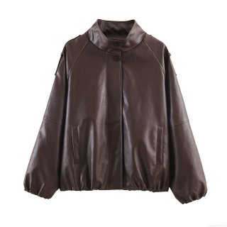Women's Oversized PU Leather Jacket Stand Collar Long Sleeve Elastic Hem Casual Coffee Brown Streetwear Loose Coat For Fall Winter