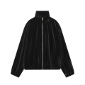 Women's Black Velvet Bomber Jacket Stand Collar Zipper Long Sleeve Pleated Velvet Coat Streetwear Casual Outerwear For Women