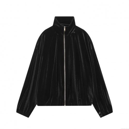 Women's Black Velvet Bomber Jacket Stand Collar Zipper Long Sleeve Pleated Velvet Coat Streetwear Casual Outerwear For Women