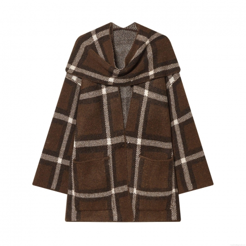 Women's French Retro Plaid Knit Cardigan Coat Warm Polyester Shawl Collar Open Front Mid-Length Sweater Jacket With Pockets For Winter Daily Casual Outerwear