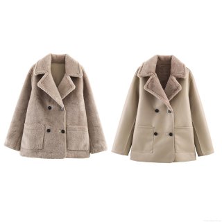 Women's Fashion Double-Sided Wear Faux Lamb Wool Faux Leather Jacket Warm Thick Lapel Coat With Pocket Solid Color Polyester Outerwear