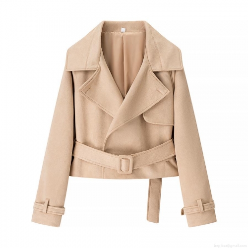 Women's Short Trench Coat Faux Suede Belted Jacket With Suit Collar Solid Color Loose Fit Casual Outwear For Autumn Office Lady
