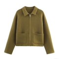 Women's Knit Jacket Polyester Zip Up Turn-down Collar Solid Color Long Sleeve Casual Coat Outwear With Pockets For Women Daily Streetwear Autumn Winter Olive Green