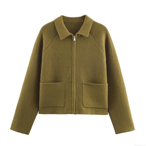 Women's Knit Jacket Polyester Zip Up Turn-down Collar Solid Color Long Sleeve Casual Coat Outwear With Pockets For Women Daily Streetwear Autumn Winter Olive Green