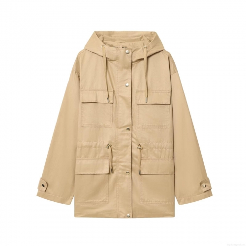 Women Fashion Cargo Hooded Jacket Polyester Spandex Multi-Pocket Drawstring Waist Mid-Length Casual Streetwear Coat For Autumn
