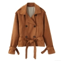 Women's Short Suede Trench Coat Double Breasted Belted Jacket With Shoulder Tabs Autumn Fashion Casual Outwear For Women