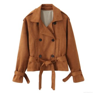 Women's Short Suede Trench Coat Double Breasted Belted Jacket With Shoulder Tabs Autumn Fashion Casual Outwear For Women