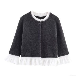 Women's Sweet Knit Patchwork Jacket Ruffled Wood Ear Trim Round Neck Long Sleeve Cardigan Loose Casual Autumn Outerwear Top