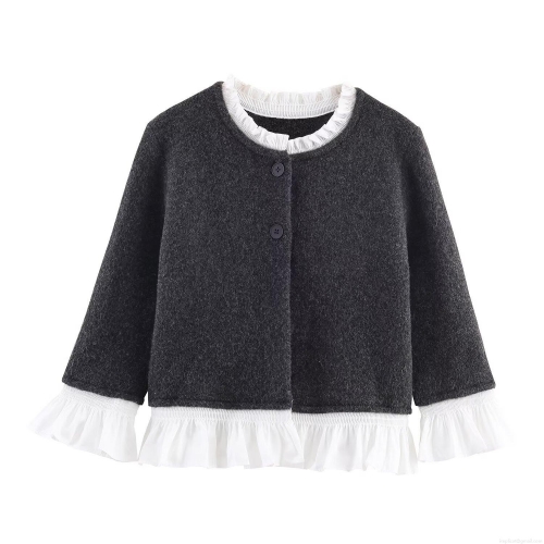 Women's Sweet Knit Patchwork Jacket Ruffled Wood Ear Trim Round Neck Long Sleeve Cardigan Loose Casual Autumn Outerwear Top