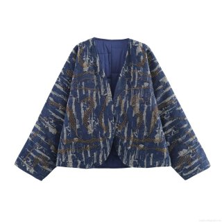 Women's Kimono Style Beaded Denim Effect Quilted Jacket Vintage Embroidered Open Front Cotton Padded Coat For Autumn Casual Loose Long Sleeve Outerwear