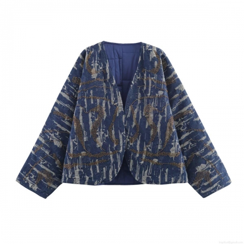 Women's Kimono Style Beaded Denim Effect Quilted Jacket Vintage Embroidered Open Front Cotton Padded Coat For Autumn Casual Loose Long Sleeve Outerwear