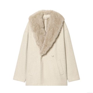 French Style Women's Elegant Faux Fur Collar Coat Double Breasted Mid-Length Outwear Solid Color Warm Woolen Effect Winter Jacket For Ladies