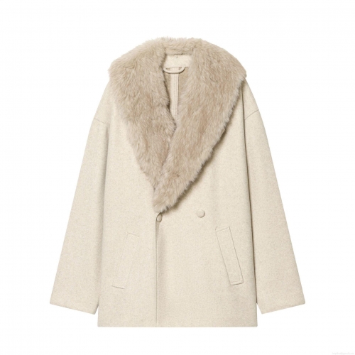 French Style Women's Elegant Faux Fur Collar Coat Double Breasted Mid-Length Outwear Solid Color Warm Woolen Effect Winter Jacket For Ladies