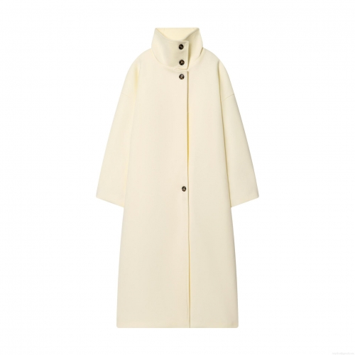 Women Long Woolen Blend Coat Elegant Stand Collar Single Breasted Jacket Solid Color Loose Overcoat For Autumn Winter Office Daily Lady