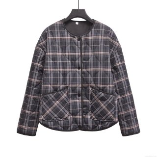 Women's French Retro Plaid Quilted Jacket Fashion Round Neck Long Sleeve Single Breasted Polyester Padded Coat For Winter Casual Streetwear